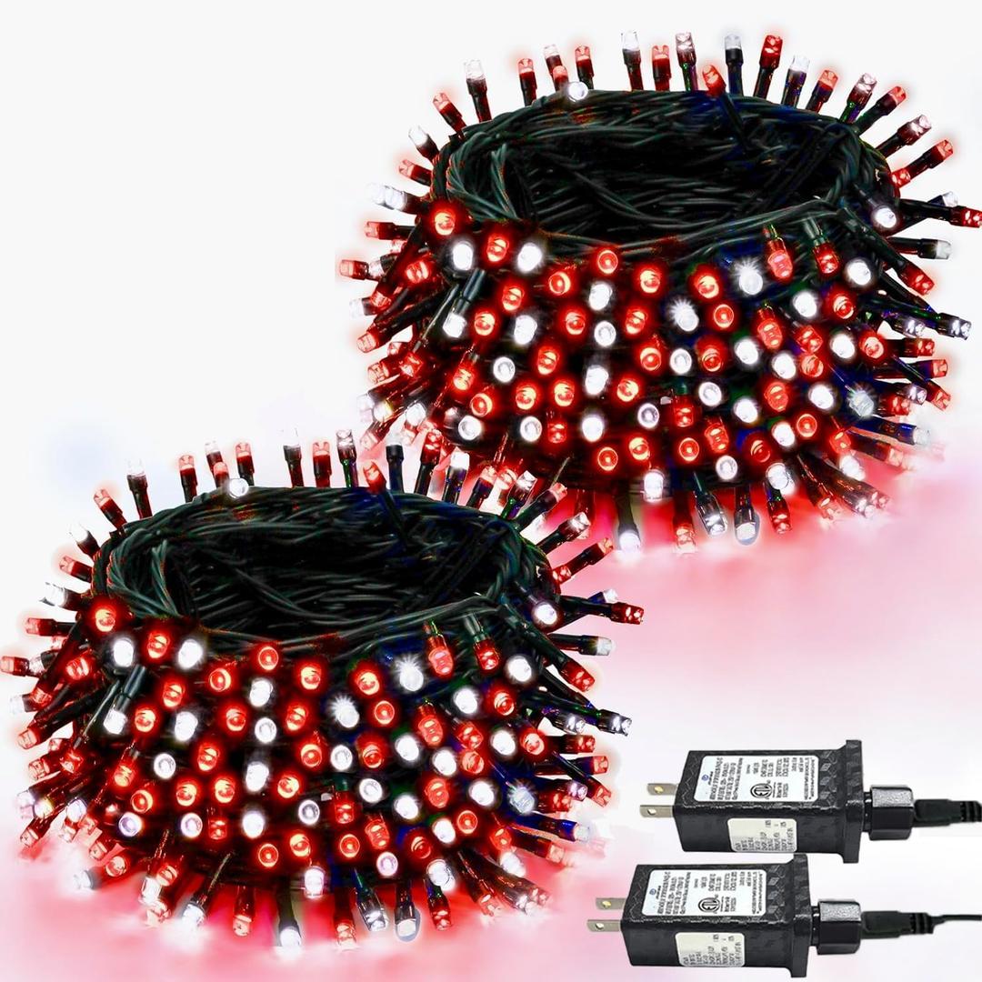 2-Pack 66FT 200 LED Christmas Lights, 13 Modes Extendable Christmas Tree Lights with Timer & Memory, Waterproof Twinkle Fairy Lights Green Wire Outdoor String Lights Indoor for Xmas Tree (Red White)