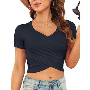 DSPSAM Womens Front Cross Wrap Crop Tops Deep V Neck Short Sleeve Fitted Going Out T Shirts, Size: L