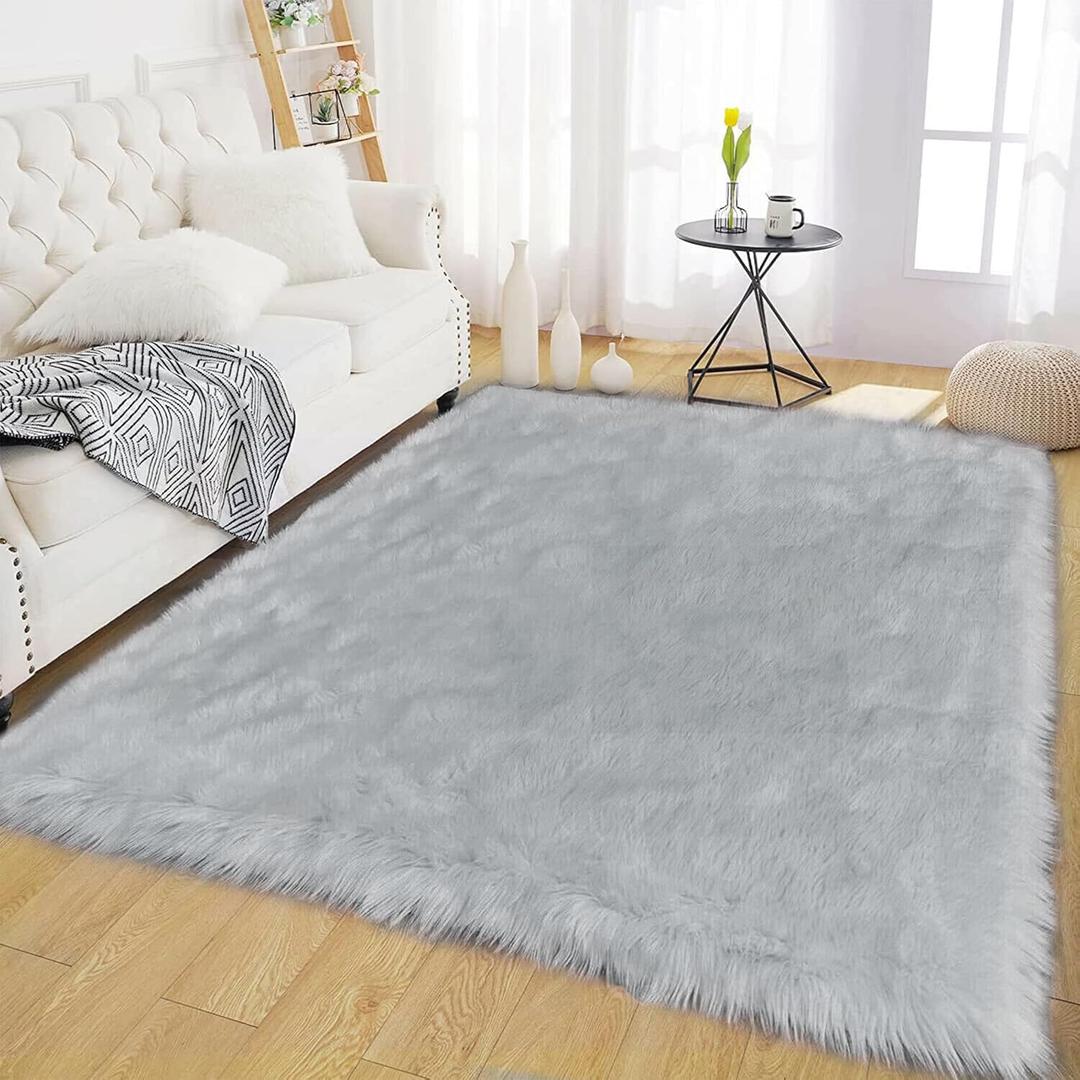 Latepis Grey Rugs for Bedroom Area 4x6 Gray Faux Sheepskin Fur Rug Fluffy Shaggy Soft Plush Rugs for Living Room Sofa Dorm, Rectangle