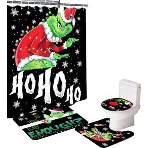 Merry Christmas Bathroom 4-Piece Set, Shower Curtain, Non-Slip Rug, Toilet Seat Cover and Bath Mat Christmas Holiday Bathroom Decor with Hooks 72 x 72 inches (Style 2)