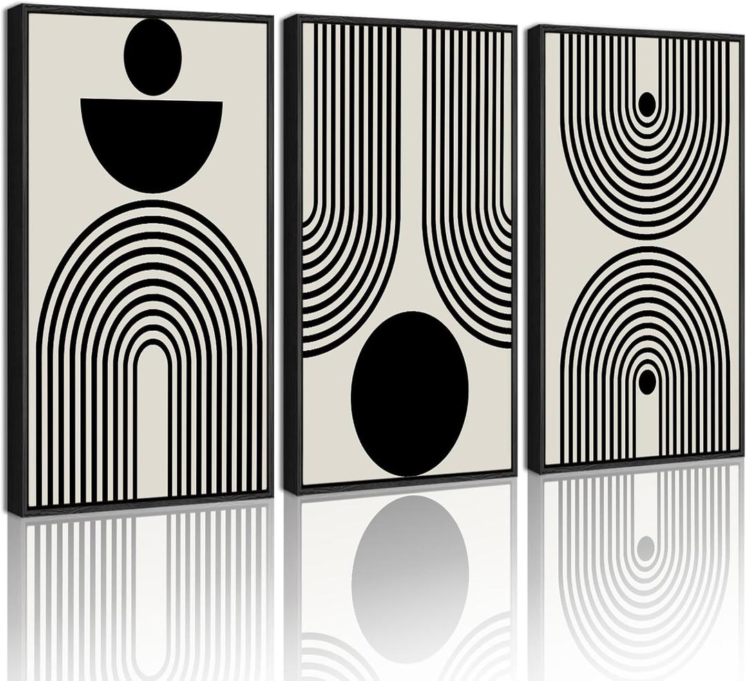 PHOPAGO Black Abstract Wall Art Geometry Large 16x24in Minimalist Sun Lines Framed Canvas Painting Artwork Living Room Bedroom Home Decor Black Framed