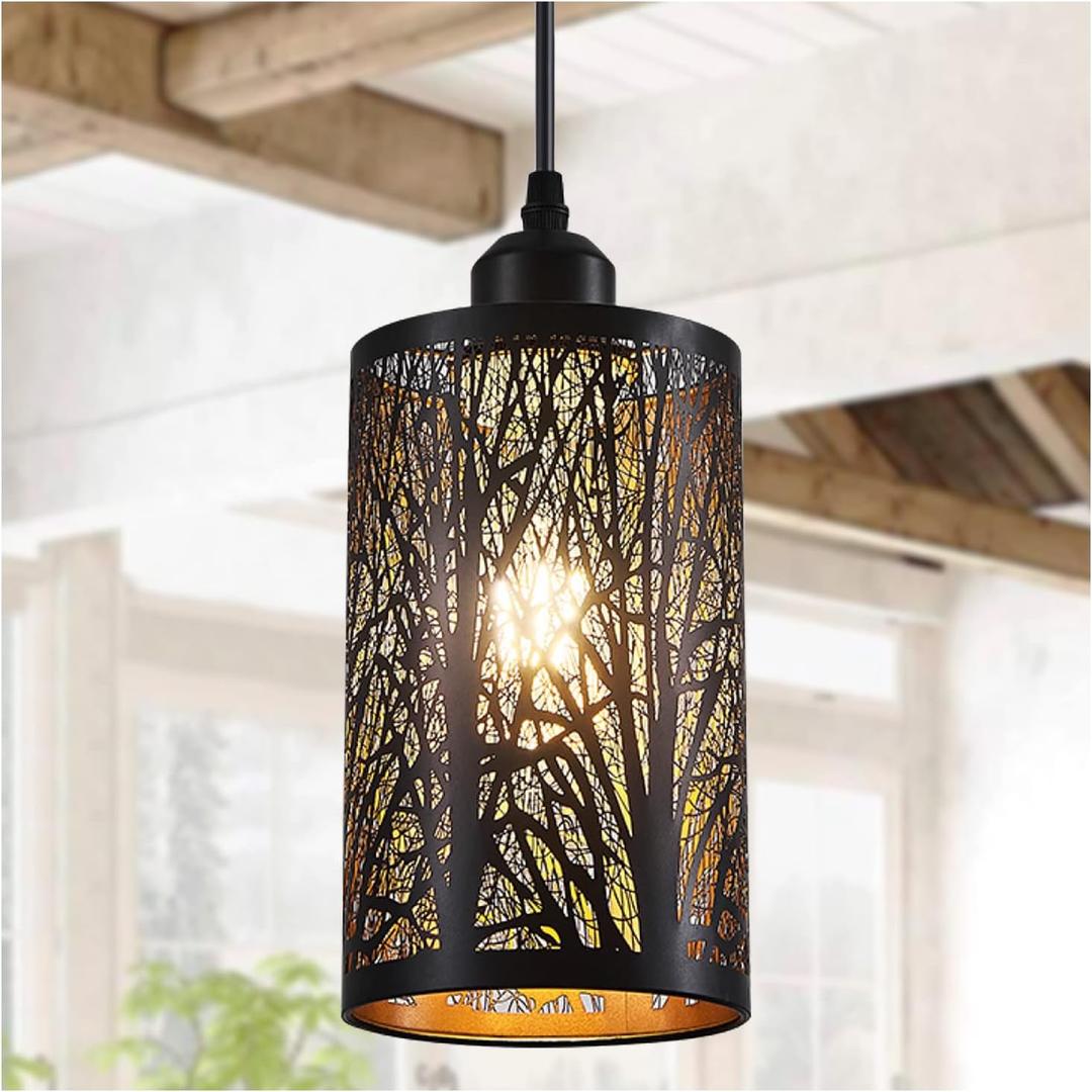Industrial Black Pendant Light Fixture Vintage Farmhouse Mini Black Gold Pendant Lighting Rustic Hollow-Carved Cylinder Pendant Light for Kitchen Island, Dining Room, Bedroom