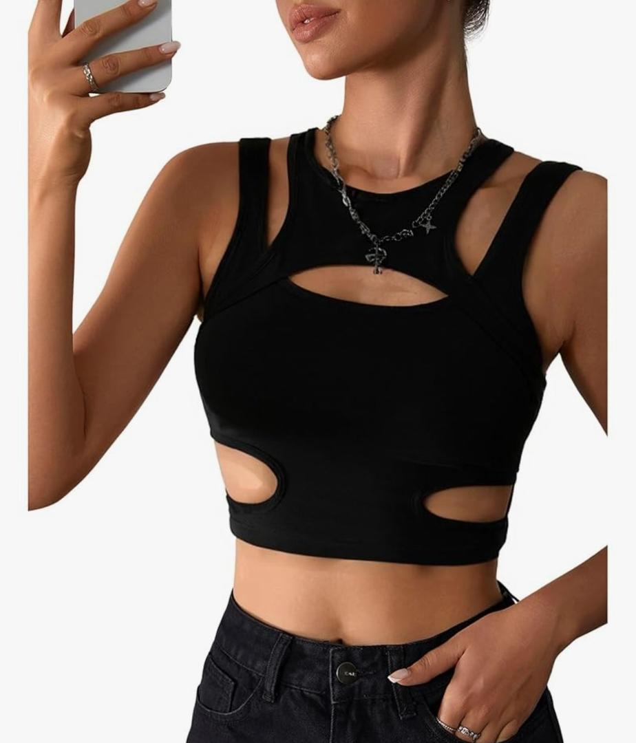 Milumia Women's Cut Out Gothic Tank Top Sexy Fitted Going Out Crop Tops Rave Club,L