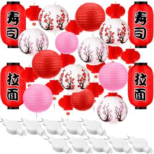 Tuanse 40 Pcs Japanese Chinese Paper Lanterns Decorations LED Cherry Blossom Chinese Red Paper Lantern Lights for Indoor Outdoor(Red, Pink)