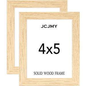 JCJMY 4x5 Solid Picture Frame Set of 2, Natural Wooden 4 by 5 Photo Frame with Shatter Resistant Plexiglass for Wall Hanging or Tabletop, 2 Pack, Natural