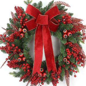 24 Inch Christmas Wreath for Front Door Artificial Christmas Wreath Decor with Pine Needles,Berries,Bow,Red Decorations Accents, Perfect for Indoor/Outdoor Christmas Decor(with Hook)