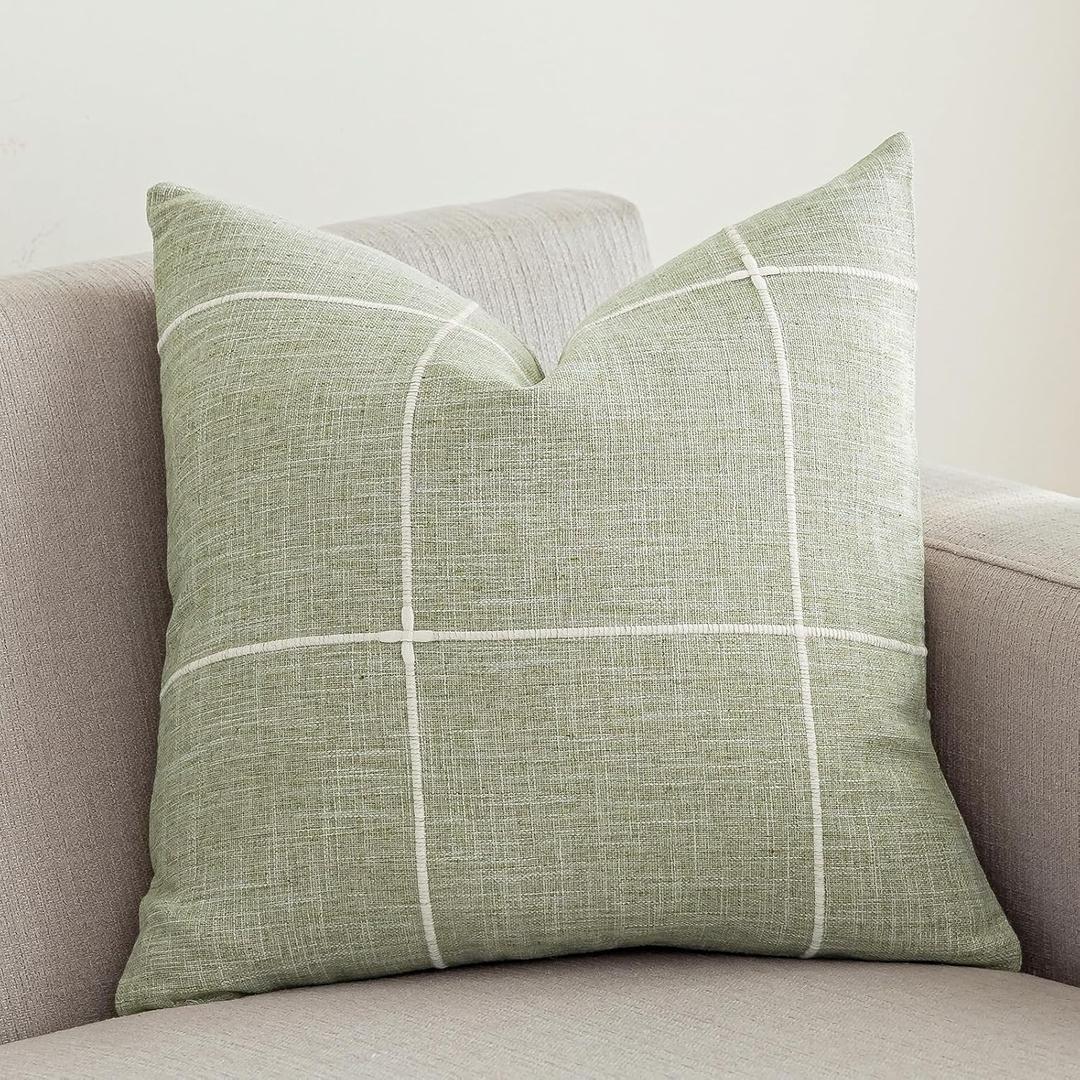 vctops Rustic Lattice Cotton Linen Decorative Throw Pillow Cover Embroidery Square Cushion Cover Pillowcase for Sofa Bedroom Couch (Plaid Green, 24"x24")