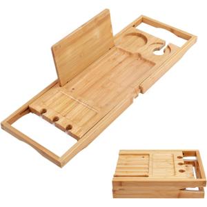 Utoplike Bamboo Bathtub Caddy Tray Bath Tray for Tub, Adjustable Bathroom Bathtub Organizer with Book Tablet Wine Glass Cup Towel Holder (24.5"-37.4")