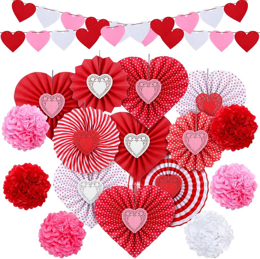 Tinlade Pack of 28 Valentines and Galentines Day Party Decorations Kit Heart Hanging Paper Fans Banner Red Pink Pom Poms for Valentines Day Wedding Anniversary Bridal Shower Party Photo Backdrops