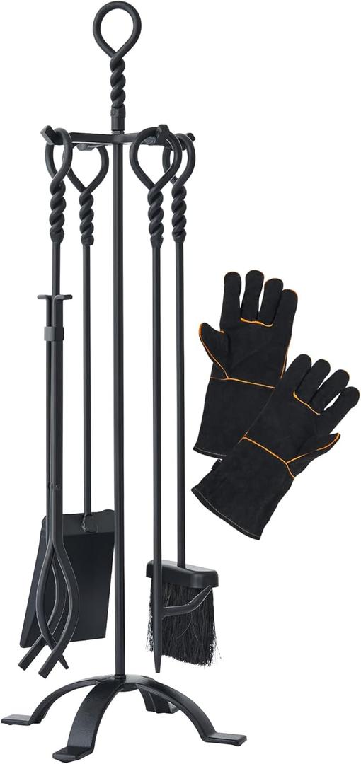 Lichamp Fireplace Tools Set, 5-Pieces Indoor Outdoor Sturdy Fire Place Poker Sets with Retro Handle and Heat Resistant Leather Gloves, FTS55BK