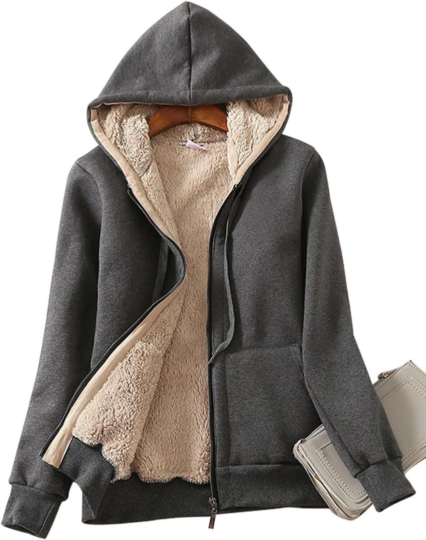 Yeokou Women's Casual Full Zip Up Sherpa Lined Hoodie Sweatshirt Jacket Coat (Gray, L)