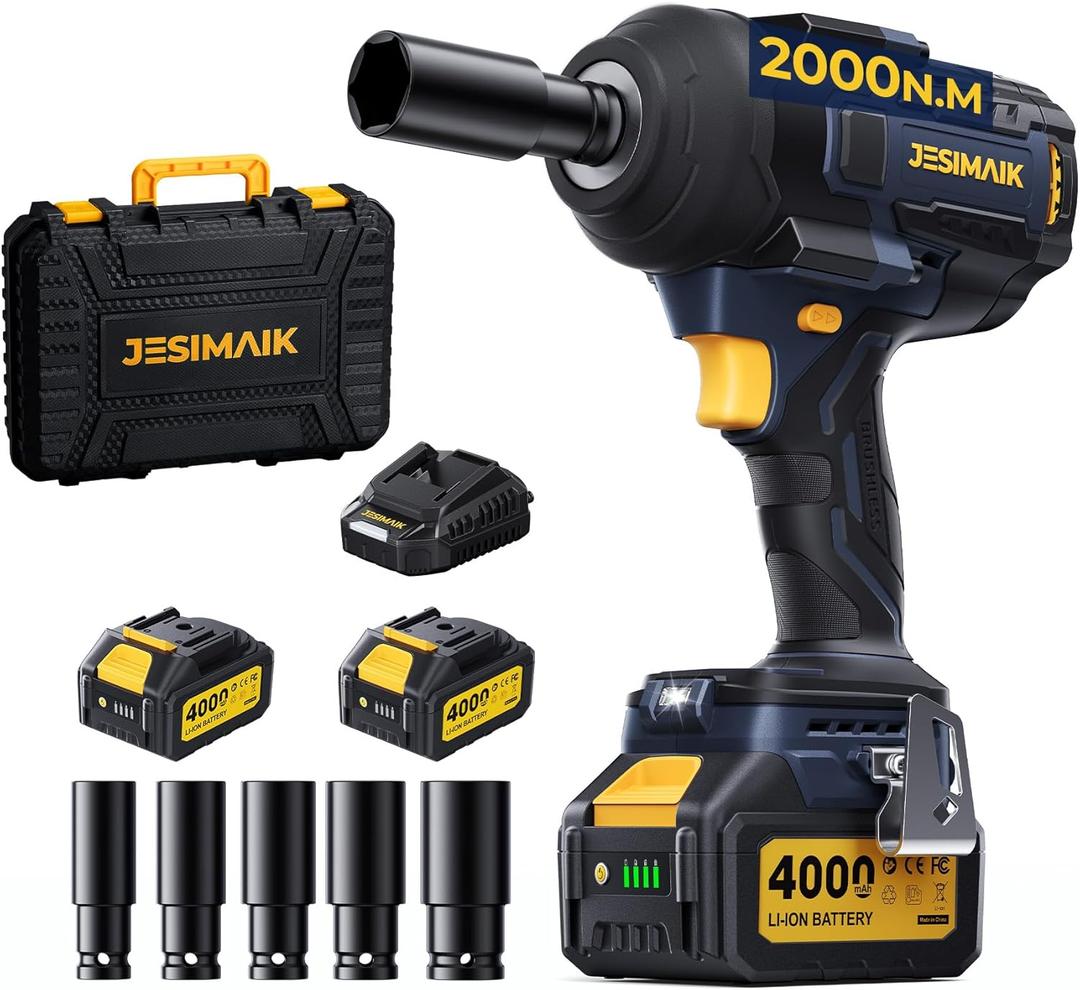 JESIMAIK Cordless Impact Wrench, 1475Ft-lbs (2000N.m) 1/2" Brushless High Torque Impact Wrench with 24.0Ah Batteries, Impact Gun with 4 Impact Modes & 5 Sockets for Truck RV Car Heavy Construction