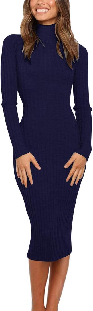MEROKEETY Women's Long Sleeve Sweater Dress 2025 High Neck Slim Fit Ribbed Knit Midi Winter Dresses (Large, Navy)