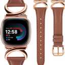 Minyee Leather Bands Compatible with Fitbit Versa 4/Versa 3/Fitbit Sense 2/Sense Band Women, Slim Thin Dressy Designer Premium Leather Strap with C-Shape Metal Buckle for Versa 3 4 Sense 2 Smartwatch