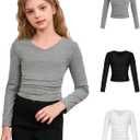 SOLY HUX 3 Pack Girl's Long Sleeve Shirts V Neck Basic T-Shirts Ruched Tops Spring Fall Layering Tees 8-12 Years