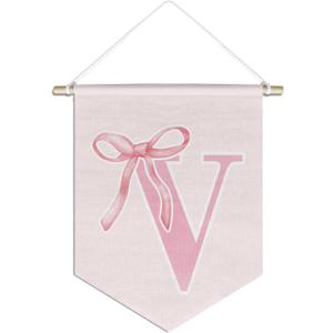 initial Personalized Preppy Canvas Hanging Pennant Flag Banner, Coquette Pink Bow Teen Girl Gifts,Trendy Cute Monogrammed Gifts Wall Decor for Women Teen Girl Nursery Bedroom(V)