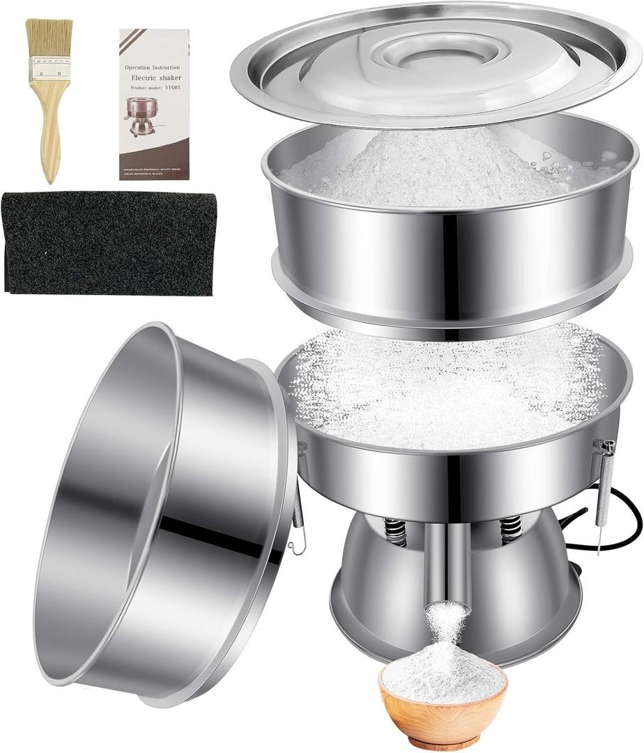 Automatic Powder Sifter Machine 10 Mesh 60 Mesh Automatic Sieve Shaker Vibrating Machine 110V Stainless Steel Sieve Shaker Machine with 2 Screens,Sieve Shaker Machine for Flour Powders