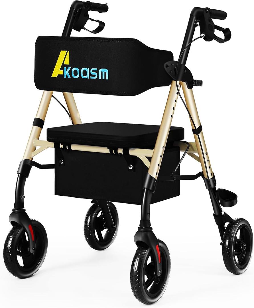 Foldable Rollator Walker with Seat for Seniors - Lightweight Rolling Walkers with Brakes, 300 lb Capacity, 8" All-Terrain Wheels, Adjustable Handles and Seat Height & Removable Storage Bag, Champagne