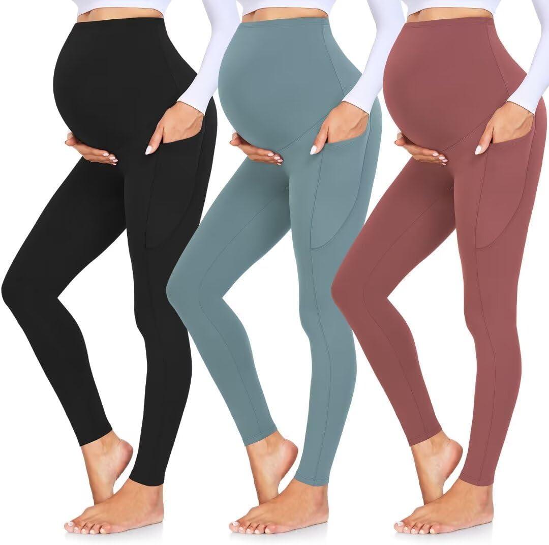 GROTEEN 3 Pack Women's Maternity Leggings with Pockets Over The Belly Workout Yoga Pregnancy Pants, Small