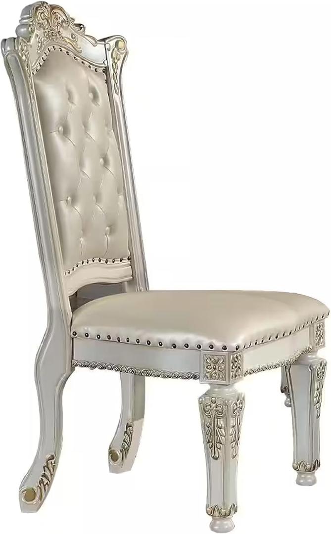 Benjara Jess 24 Inch Counter Chair Set of 2, Pearl Faux Leather, Button Tufted, White and Gold
