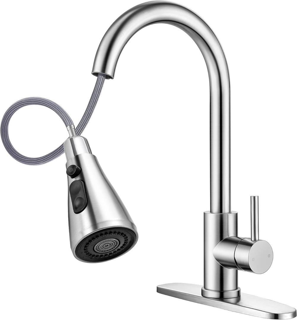 Kitchen Faucets Brushed Nickel Pull Out Kitchen Sink Water Tap Deck Mounted Mixer Stream Sprayer Head Hot Cold Taps with Pull-Down-Sprayer Farmhouse Camper Laundry Rv Bar (Silver)