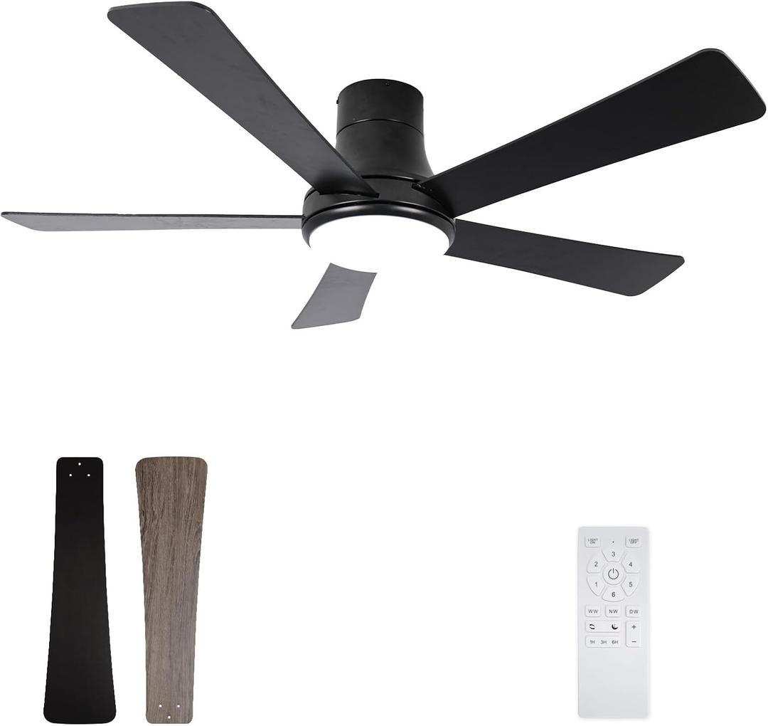 52 Inch Ceiling Fans with Lights and Remote, Flush Mount Black Ceiling Fan, 5 Blades, Dimmable, Reversible Motor, 3-Color Temperatures, 6 Speeds for Bedroom, Living Room, Patio