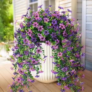 Artificial Fake Hanging Flowers Plants for Outdoor Spring Summer Decoration,2 PCS Faux Silk Daisy with Eucalyptus Leaves,UV Resistant Look Real for Outside Home Planter Porch Patio Balcony Yard Decor (Double Purple)