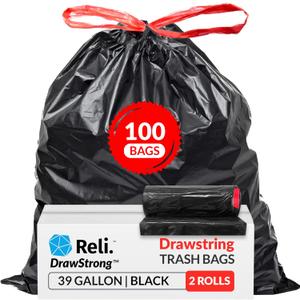 Reli. 39 Gallon Trash Bags Drawstring (100 Count) Large 39 Gallon Heavy Duty Drawstring Trash Bags, Garbage 39Gal Capacity, Lawn Leaf (39Gal, Black)