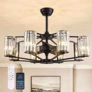 36" Large Crystal Fandelier Dimmable 6-Light Vintage Flush Mounted Chandelier Ceiling Fan Black Ceiling Fans with Lights and Remote for Dining Living Room Kitchen