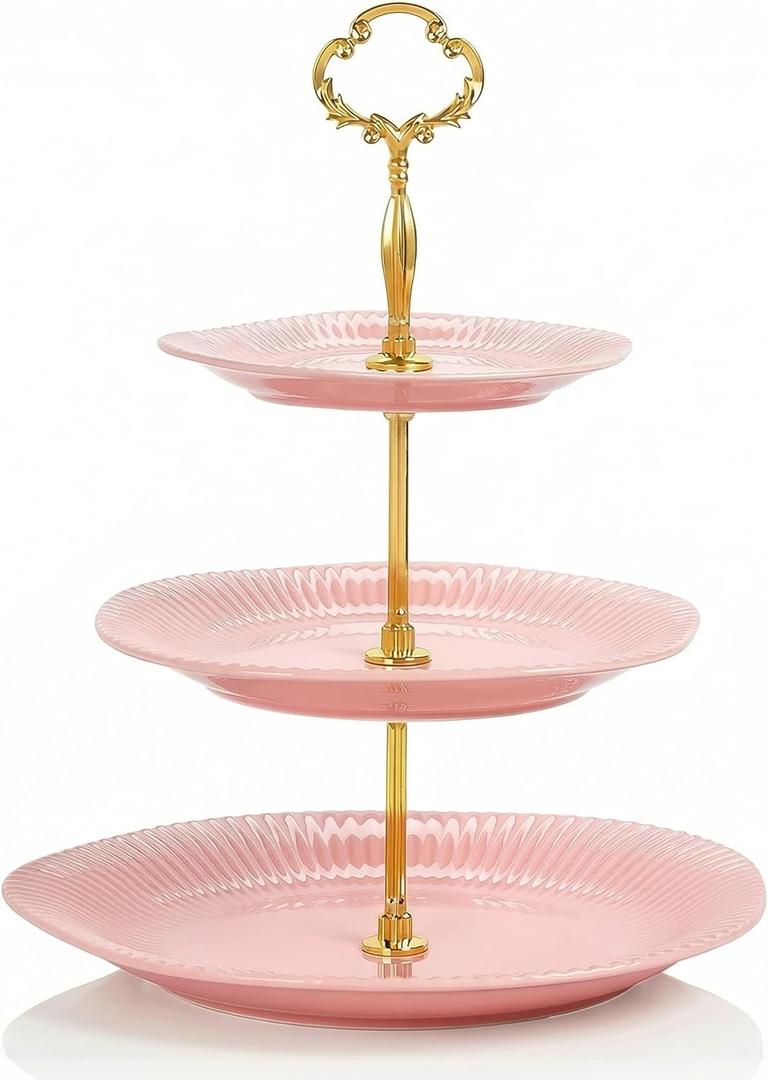 3 Tier Cupcake Stand Ceramic Cake Stand Wedding Dessert Tower, Tiered Serving Tray for Tea Party Afternoon Display Platter (Gold & Pink)