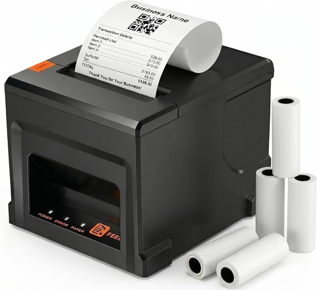 80mm Bluetooth Thermal Receipt Printer, POS Printer with USB, 300mm/s, Compatible with Windows/Mac, Ideal for Restaurants & Retail
