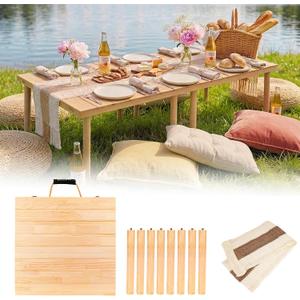 60"x30" Low Folding Picnic Table, Portable Boho Floor Table with Tablecloth, Ideal for Camping, Wedding, Beach, Garden, Party