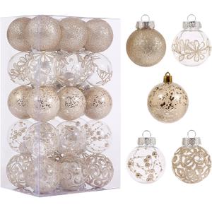 60mm/2.36inch Clear Christmas Ornaments Set, 30ct Champagne Christmas Ornaments Balls for Christmas Tree Decorations Shatterproof Transparent Baubles with Stuffed Decoration for Xmas Wedding Party