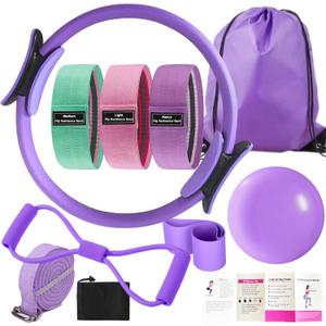Pilates Essentials Kit for Women - Better Yoga Pilates Kit for Home Workouts with Pilates Ring and Ball Set, Booty Bands, Figure 8 Resistance Band, Yoga Bands for Stretching (Purple)