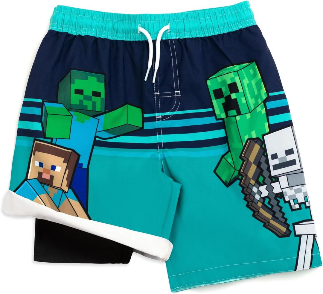 Minecraft Creeper Compression Swim Trunks Bathing Suit UPF 50+ Quick Dry Little Kid to Big Kid (7-8, Teal)