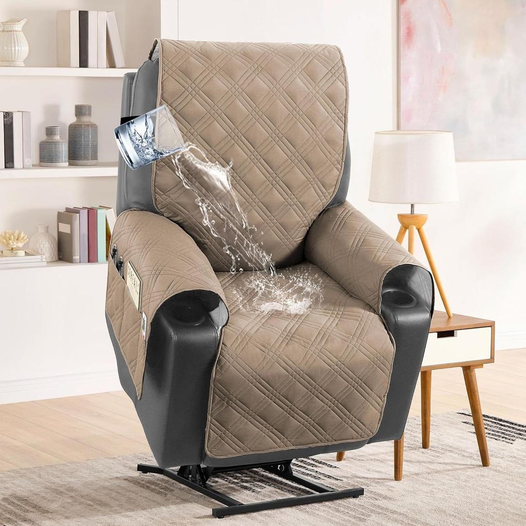 H.VERSAILTEX 100% Waterproof Recliner Cover Electric Power Lift Recliner Chair Covers with Elastic Band Recliner Cover Fitted Standard Large Power Lift Recliner with Storage Pockets,Taupe/Beige