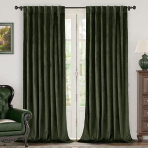 BGment Olive Green Velvet Curtains 84 Inch Length, Thermal Insulated Blackout Curtains Room Darkening Drapes with Back Tab and Rod Pocket for Living Room/French Door, Set of 2 Panels, 52 x 84 Inch
