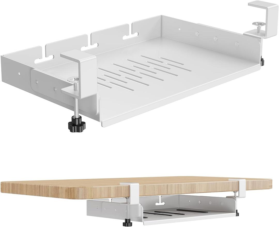 BYMECOST No Drill Under Desk Storage Shelf, Metal Under Desk Drawer Organizer with Clamp, Mount Under Desk Shelf Adds Tray, Desk Drawer for Office Desks, Table, Gaming Desk, Workstations (White)