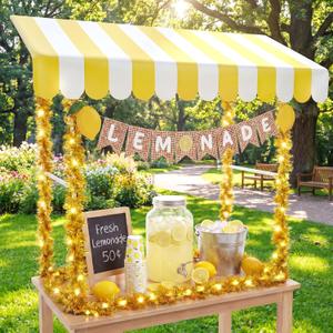 7 Pcs Lemonade Stand Supplies Lemonade Bar Party Decorations with 1 Set Plastic Stand 1 Yellow and White Striped Sunshade Cloth 4 Yellow Tinsel 1 Banner Sign for Outdoors Summer Party Supplies