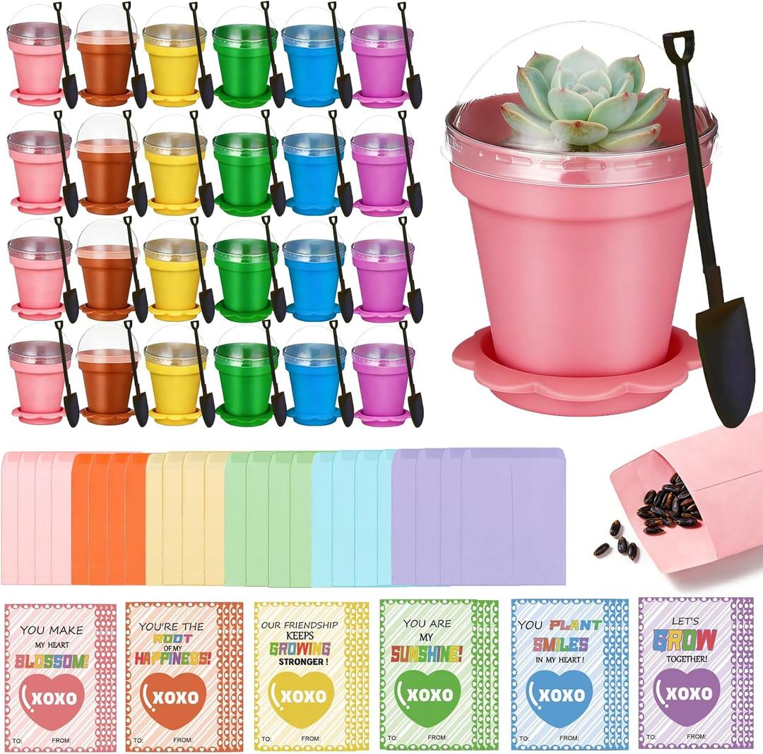 24 Set Valentines Day Cards for Kids Classroom,Nursery Pots with Humidity Dome Shovel and Seed Packet,Small Plastic Plant Pots Valentines Party Favors for Classroom Exchange (Not Included Seeds)