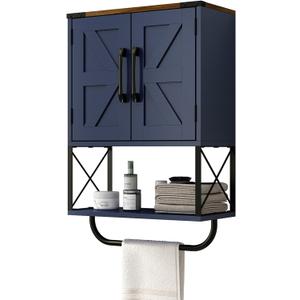 RUSTOWN Farmhouse Rustic Medicine Cabinet with Two Barn Door,Wood Wall Mounted Storage Cabinet w/Dark Brown Top & Adjustable Shelf and Towel Bar, 3-Tier Cabinet for Bathroom(Navy Blue)