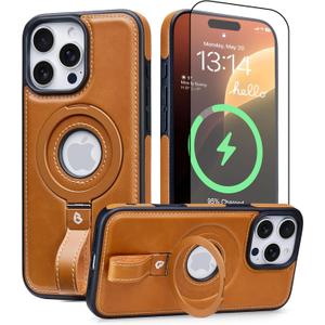 BUTAIGA for iPhone 16 Pro Leather Case with Stand, AntiSlip Grip Ring, Fits for MagSafe (Brown, IP 16 Pro6.3inch)