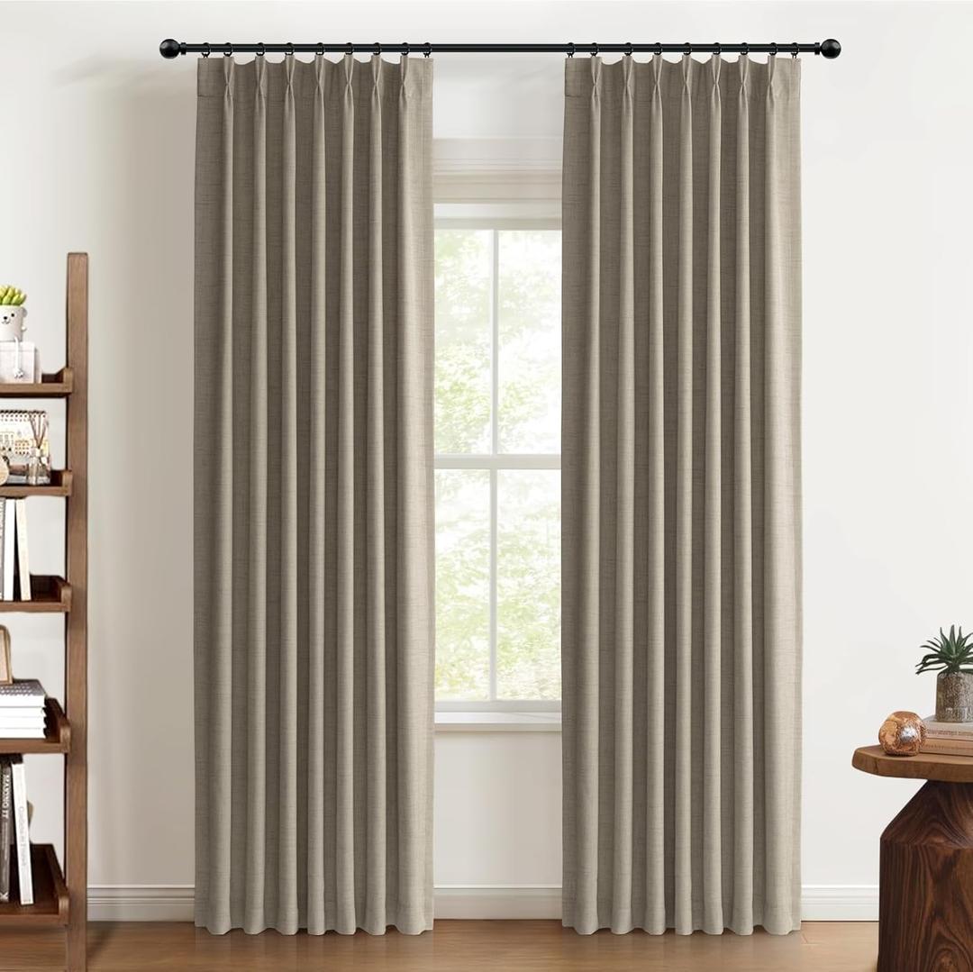 100% Blackout Shield Linen Look Textured Pinch Pleated Curtains Blackout Drapes 105 Inch Long 2 Panels Set, Faux Linen Blackout Curtains for Bedroom & Living Room, 40" W x 105" L, Dark Faux Linen
