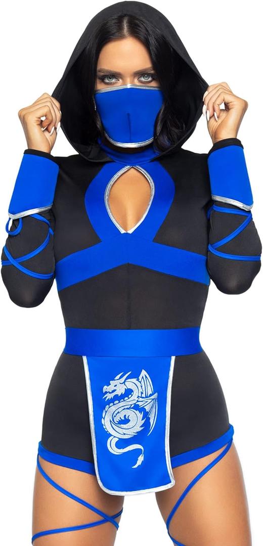 Leg Avenue womens 3pcdragon Ninja, hooded Romper, waist Sash, and 3PC Dragon Ninja hooded romper waist sash and face mask, Black/ Blue, X-Small US