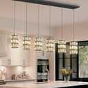 6-Lights Rectangle Modern Crystal Pendant Lights for Kitchen Island LED Dimmable Glam Pendant Lighting Chandelier for Dining Room Hallway Corner Lamp Black