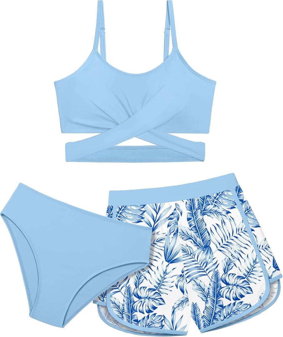 Girls Swimsuit 3 Piece Bathing Suit Criss Cross Bikini Set Girls' Swimwear with Shorts 7-16T (11-12 Years, Sky Blue--rainforest)