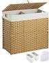 Greenstell Laundry Hamper with lid, No Install Needed, 130L Wicker Laundry Baskets Foldable 2 Removable Liner Bags, 2 Section Clothes Hamper Handwoven Rattan Laundry Basket with Handles, Natural