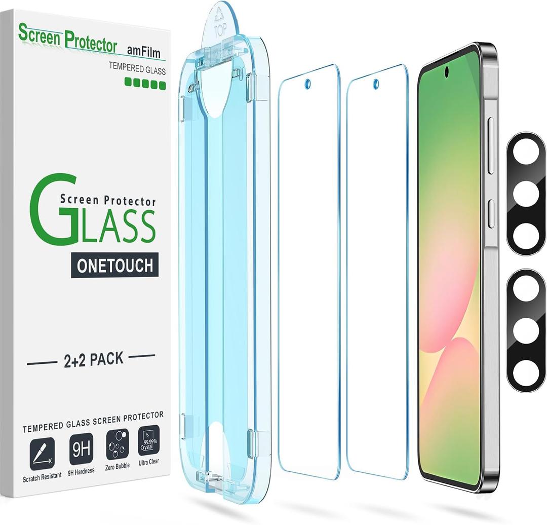 amFilm Auto-Alignment OneTouch for Samsung Galaxy A56 5G 6.7" Screen Protector + Camera Lens Protector, Tempered Glass, 30 Seconds Installation, Bubble Free, Case Friendly, Anti-Scratch [2+2 Pack]