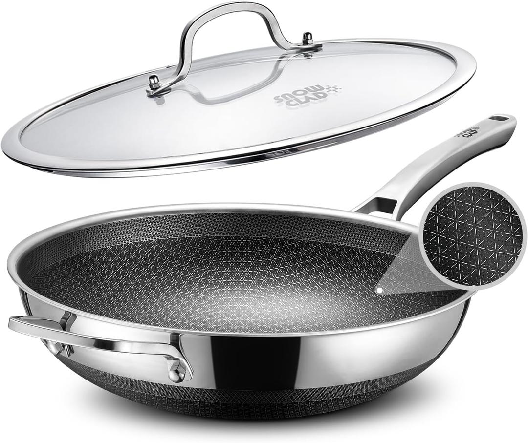 Wok, 13 Inch Hybrid Woks & Stir-fry Pans Nonstick, Non Toxic Stainless Steel Wok Pan with Lid, Dishwasher Induction Oven Broiler Safe, PFOA Free Cookware Non Stick