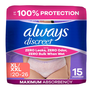 Always Discreet Adult Diapers for Women, Incontinence Underwear, Postpartum Essentials, Disposable Briefs, Max Absorbency, Bladder Leak Protection, Extra Large/XL, 15ct